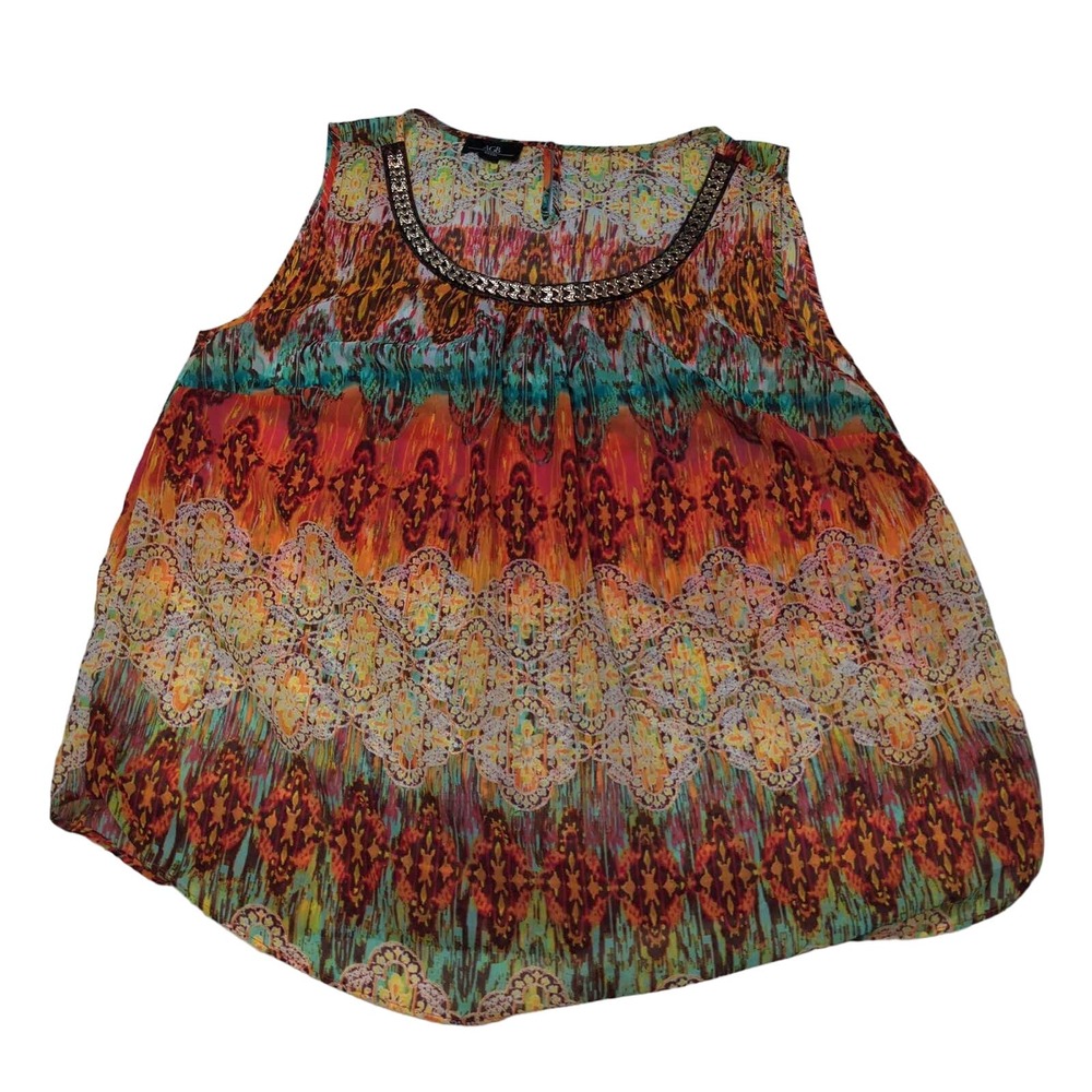 EUC AGB Multicolor Blouse Womens L Neck Button